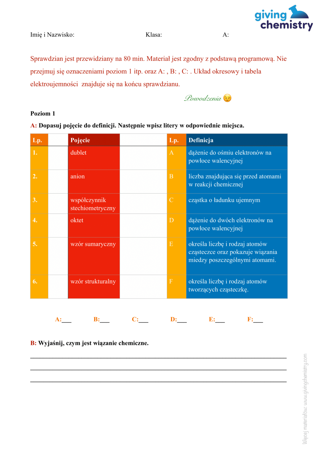 Sprawdzian- Wiązania chemiczne – Giving Chemistry