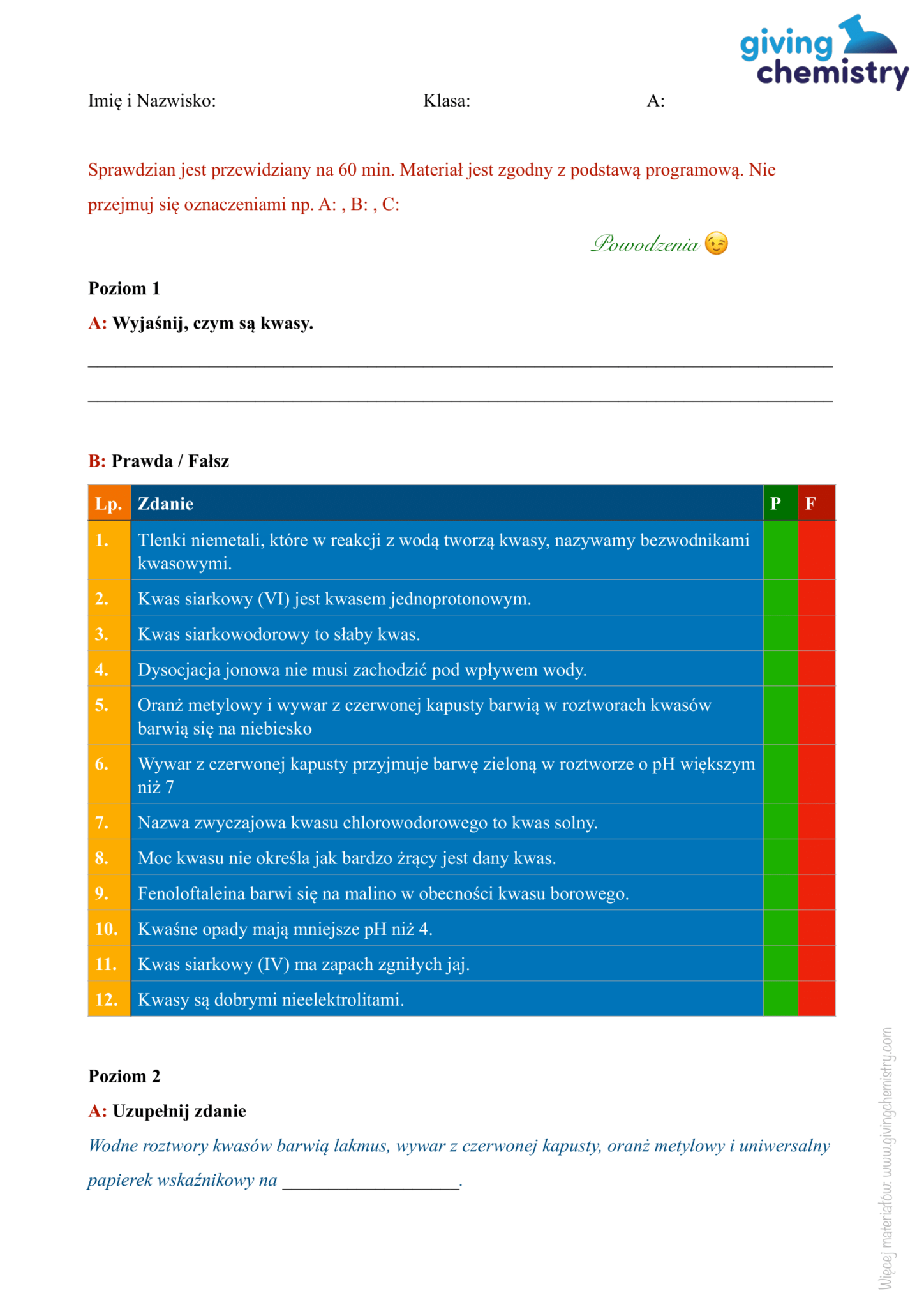 Kwasy Sprawdzian 2 Gimnazjum Chemia Odpowiedzi givingchemistry.com